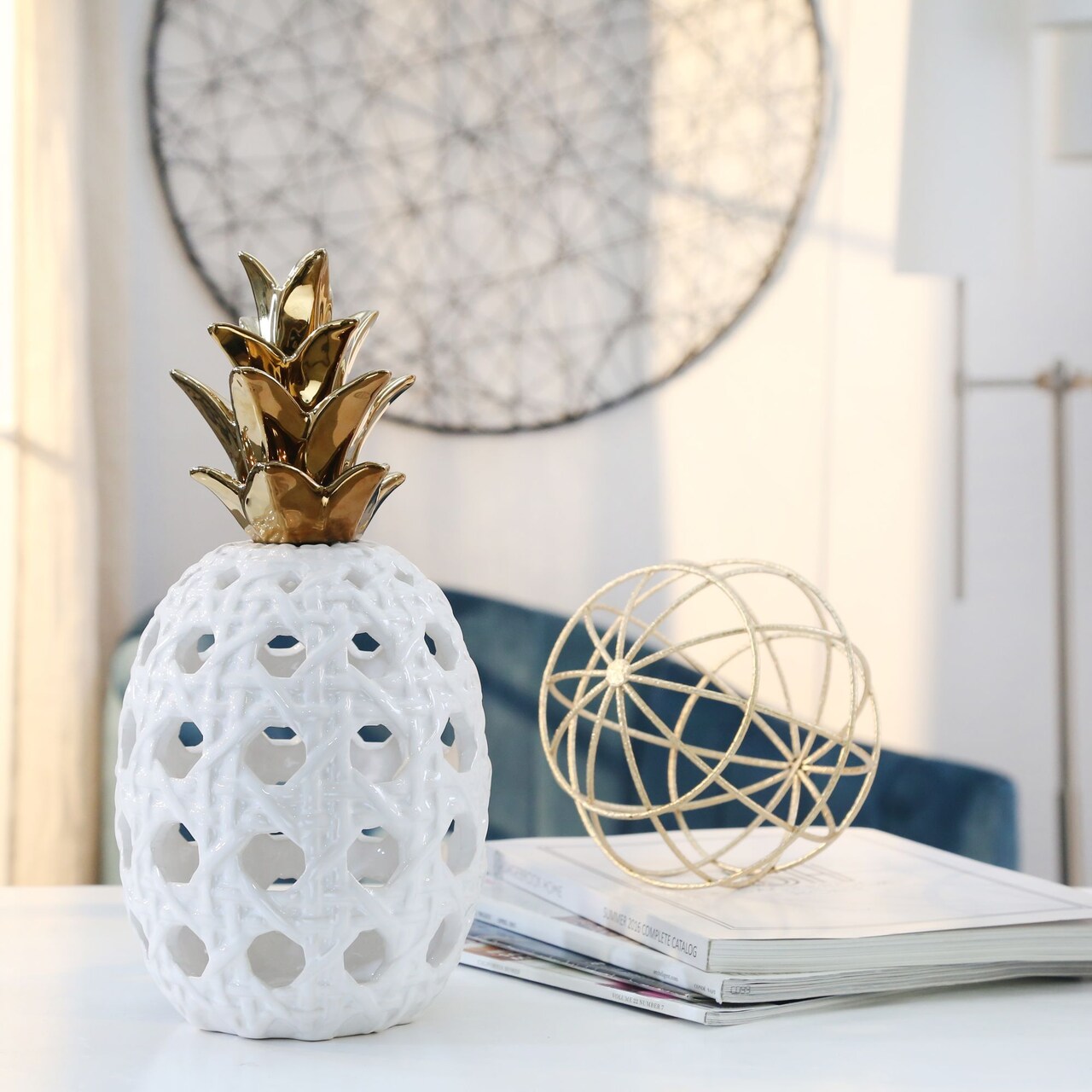 Kingston Living 13" White and Gold Ceramic Lattice Pineapple Decor